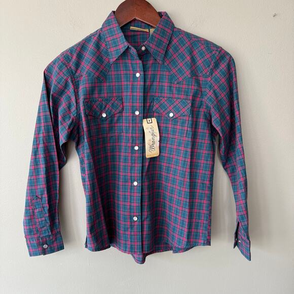 Wrangler Button Down Western Shirt Pearl Snap Plaid Navy Pink Girls XL Rodeo - Picture 1 of 12